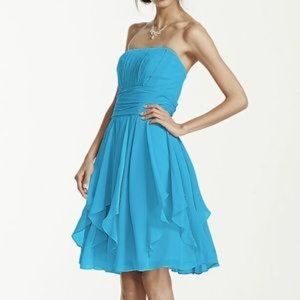 David's Bridal Bridesmaid Dress Strapless Crinkle Chiffon Size 18 Cornflower